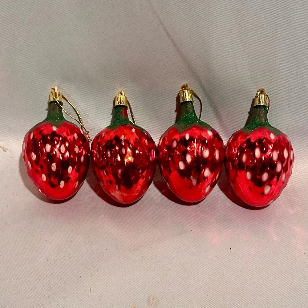 Vintage Festive Large Red Strawberry Shatterproof Christmas Ornaments Set of 4